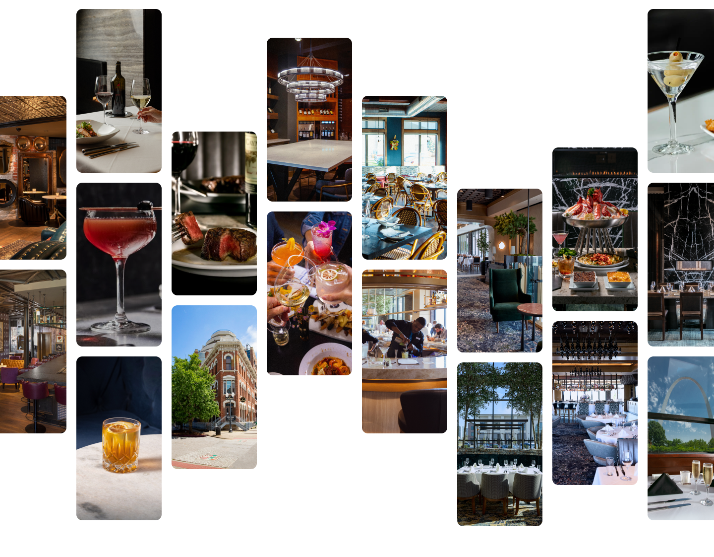 A collage of stylish restaurant interiors, gourmet dishes, colorful cocktails, and outdoor dining scenes, featuring elegant table settings, plated meals, and vibrant drinks in various sophisticated settings.